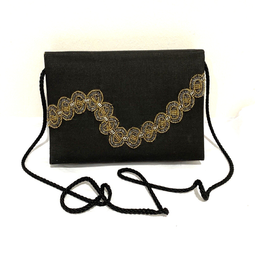Vintage evening bag black satin dressy purse gold & silver bead embellish clutch